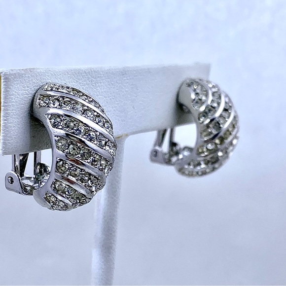 Vintage DIOR Silver Half Circle Rhinestone Clip Earrings - Picture 2 of 4